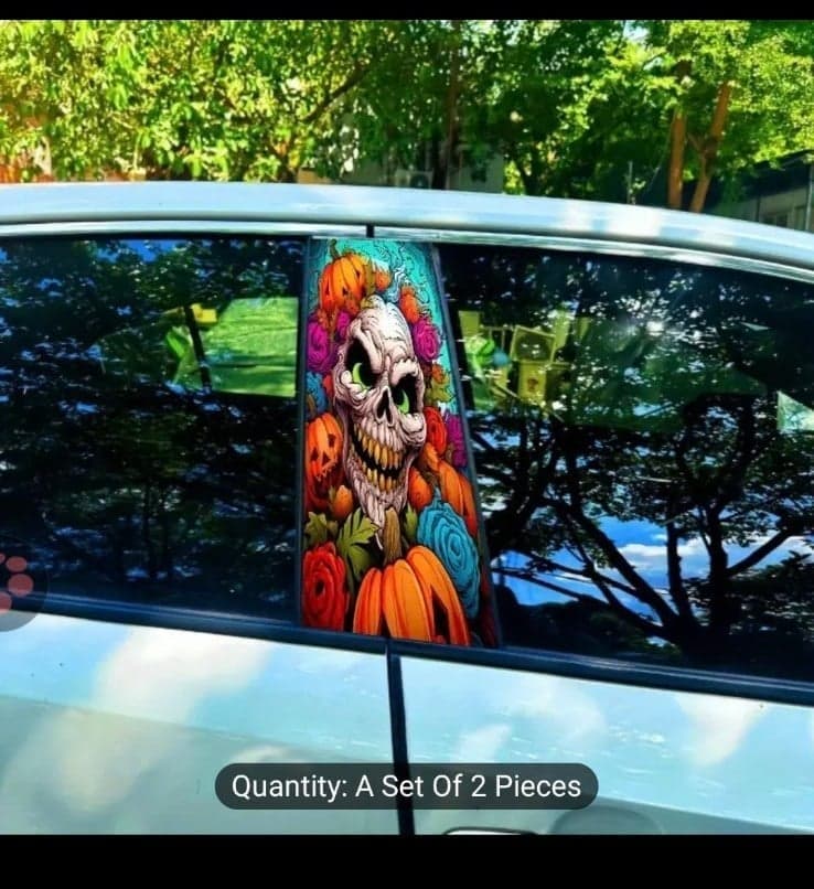 2-Pack PVC Skull and Pumpkin B-Pillar Decal Set, Scratch-Resistant Vehicle Door - Thumbnail 6