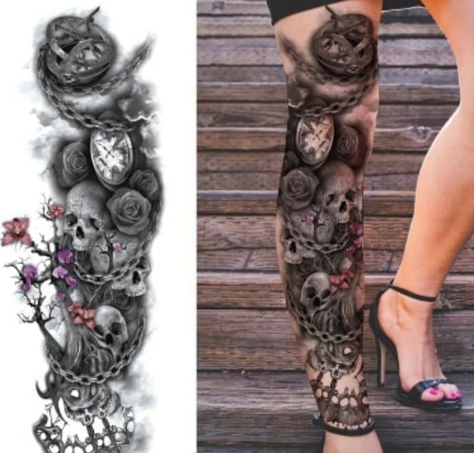 Realistic Full Arm Temporary Tattoo Stickers for Women & Men, Large Skull roses - Image 1