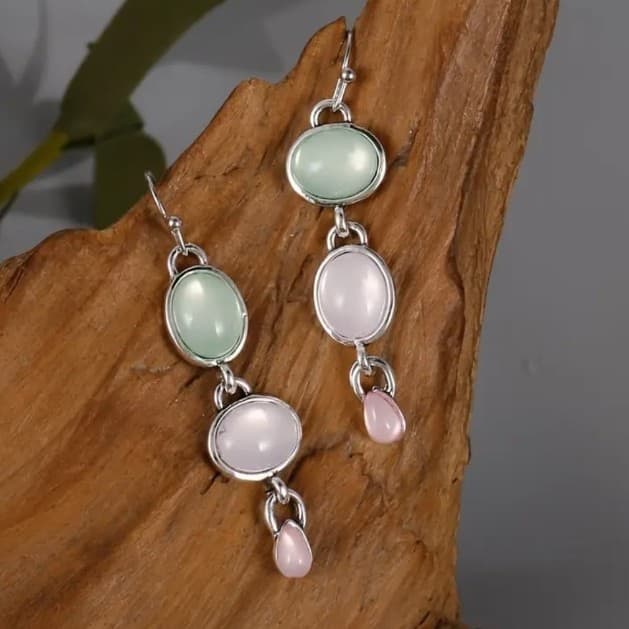 Green and Pink Drop Earrings with Silver Accents - Thumbnail 3