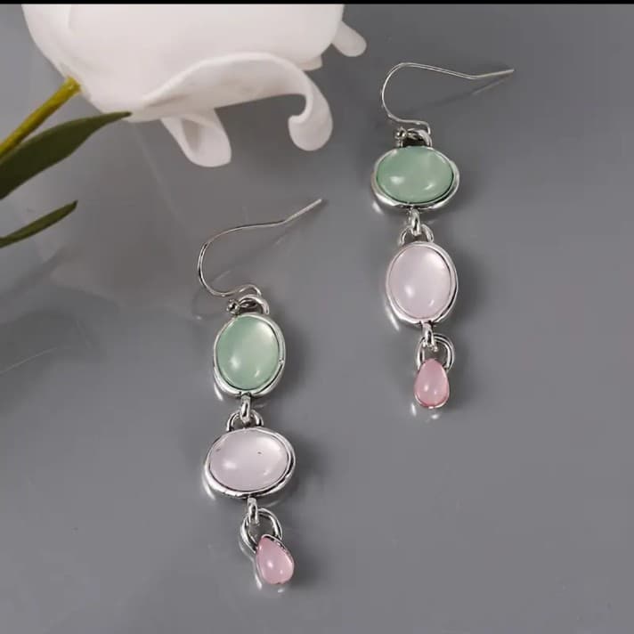 Green and Pink Drop Earrings with Silver Accents - Image 1