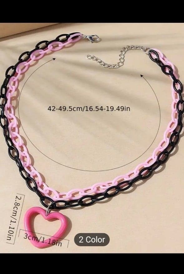Pink And Black Chunky Chain Necklace Hollow Heart Decor Pendant Necklace Y2k - Thumbnail 4