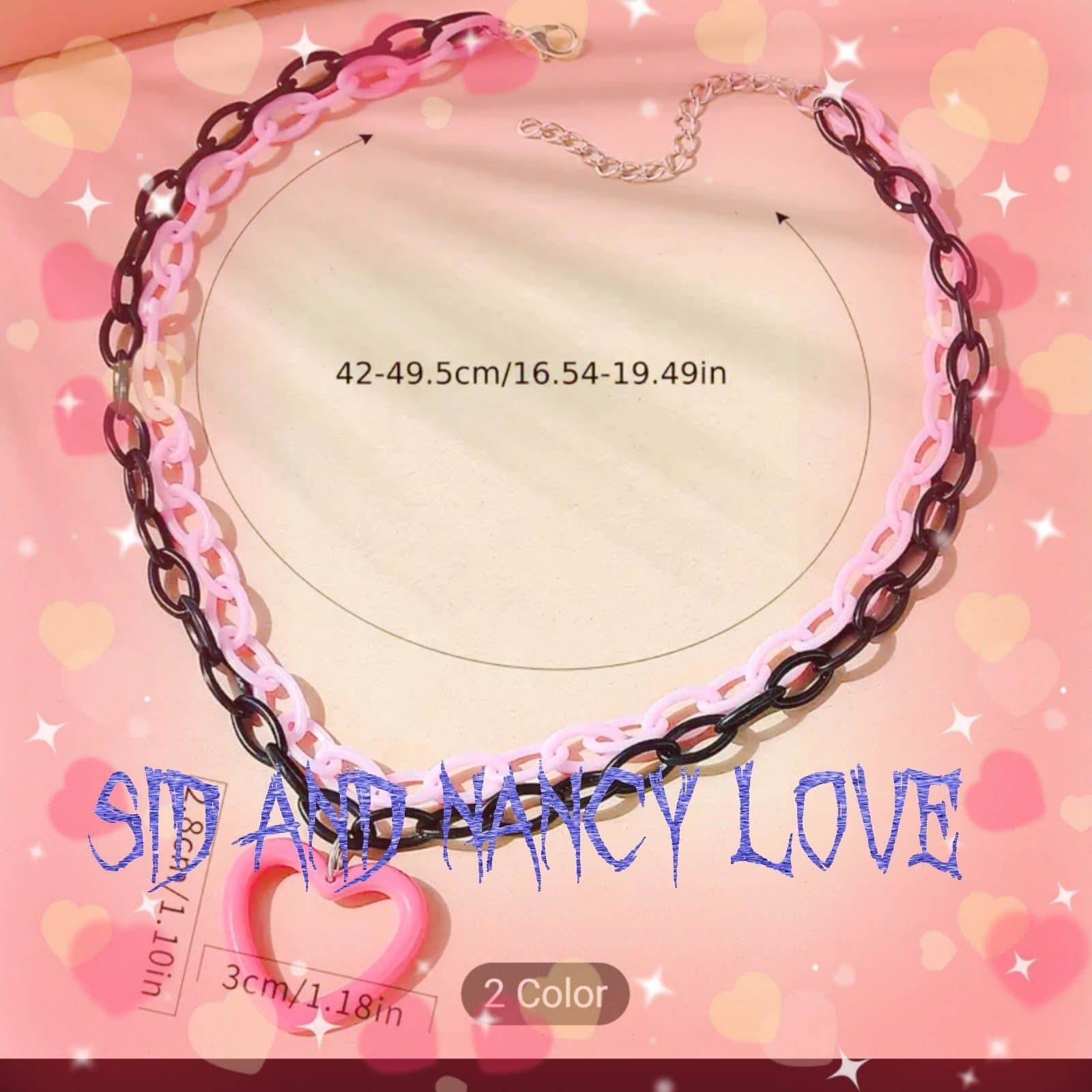 Pink And Black Chunky Chain Necklace Hollow Heart Decor Pendant Necklace Y2k - Thumbnail 5
