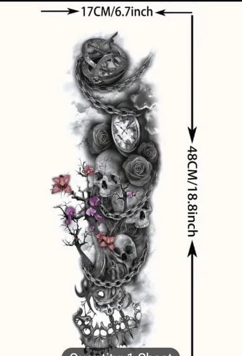 Realistic Full Arm Temporary Tattoo Stickers for Women & Men, Large Skull roses - Thumbnail 4