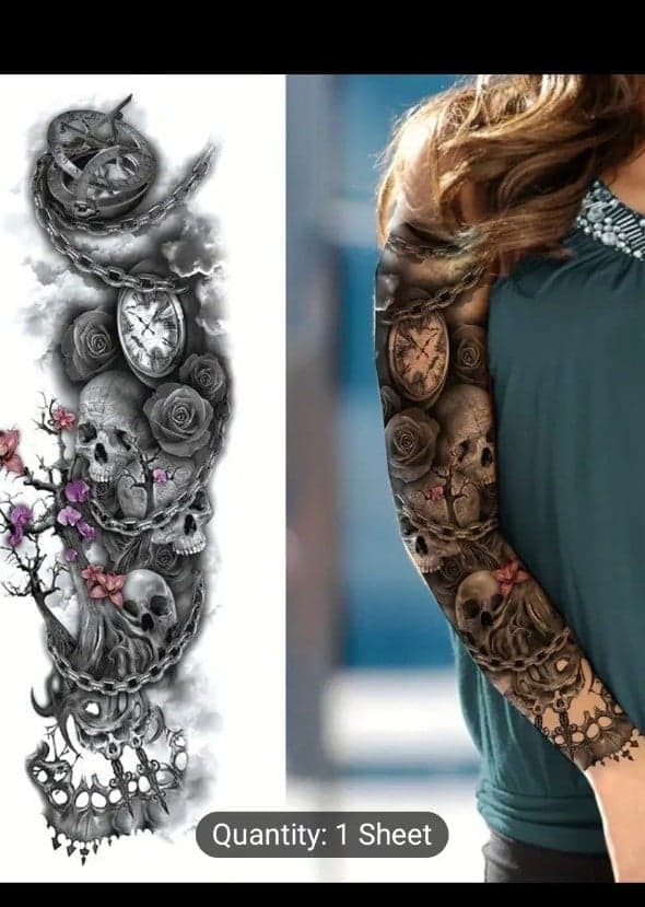 Realistic Full Arm Temporary Tattoo Stickers for Women & Men, Large Skull roses - Thumbnail 3