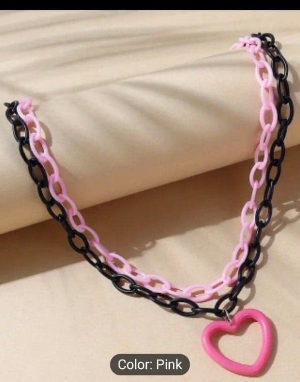 Pink And Black Chunky Chain Necklace Hollow Heart Decor Pendant Necklace Y2k - Thumbnail 7