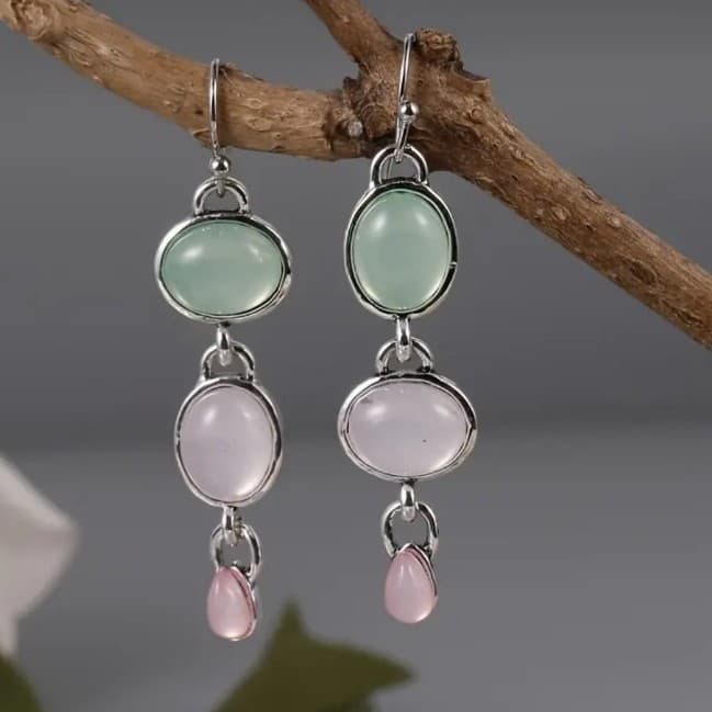 Green and Pink Drop Earrings with Silver Accents - Thumbnail 2
