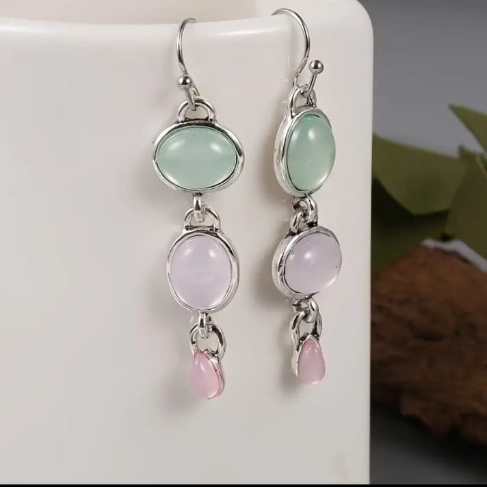 Green and Pink Drop Earrings with Silver Accents - Thumbnail 4