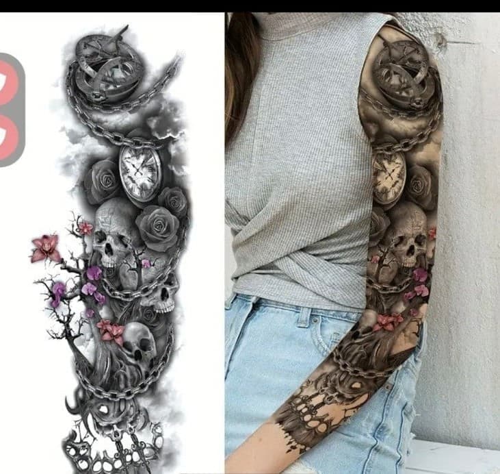 Realistic Full Arm Temporary Tattoo Stickers for Women & Men, Large Skull roses - Thumbnail 2