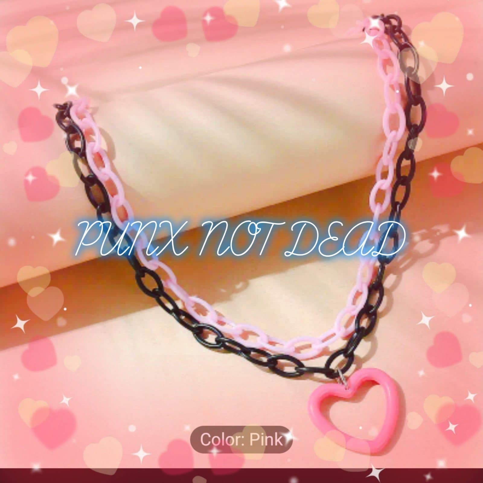 Pink And Black Chunky Chain Necklace Hollow Heart Decor Pendant Necklace Y2k - Thumbnail 2