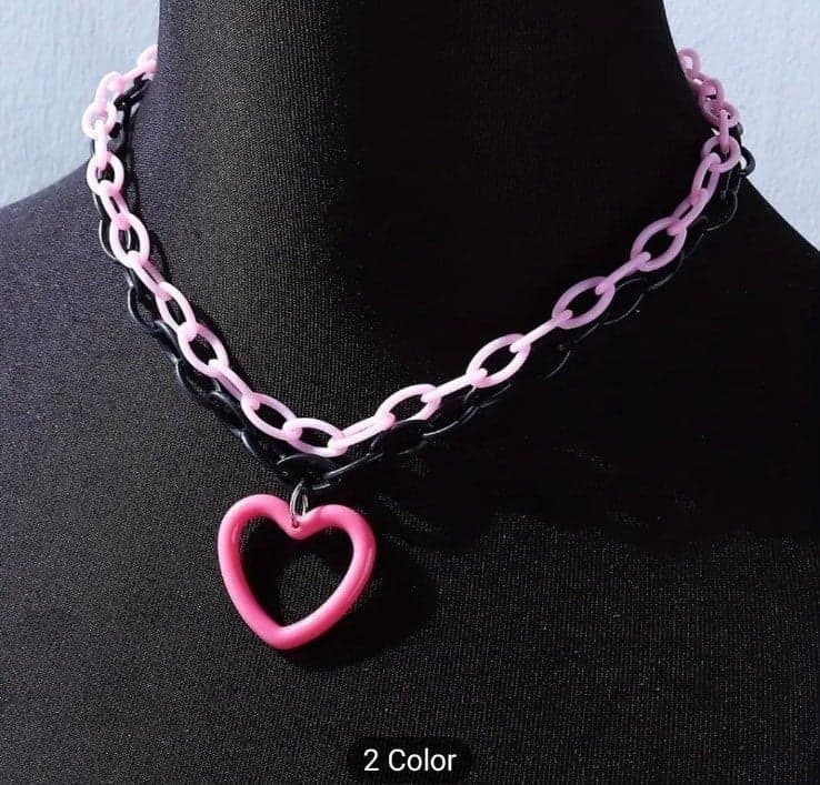 Pink And Black Chunky Chain Necklace Hollow Heart Decor Pendant Necklace Y2k - Thumbnail 3