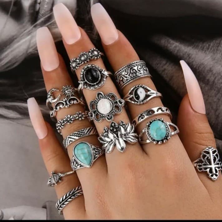 Silver Vintage-Inspired stackable Ring Collection 10 rings - Image 1