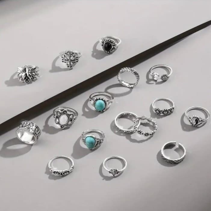 Silver Vintage-Inspired stackable Ring Collection 10 rings - Thumbnail 2