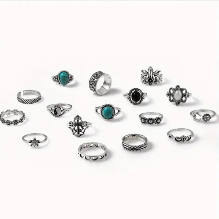 Silver Vintage-Inspired stackable Ring Collection 10 rings - Thumbnail 5