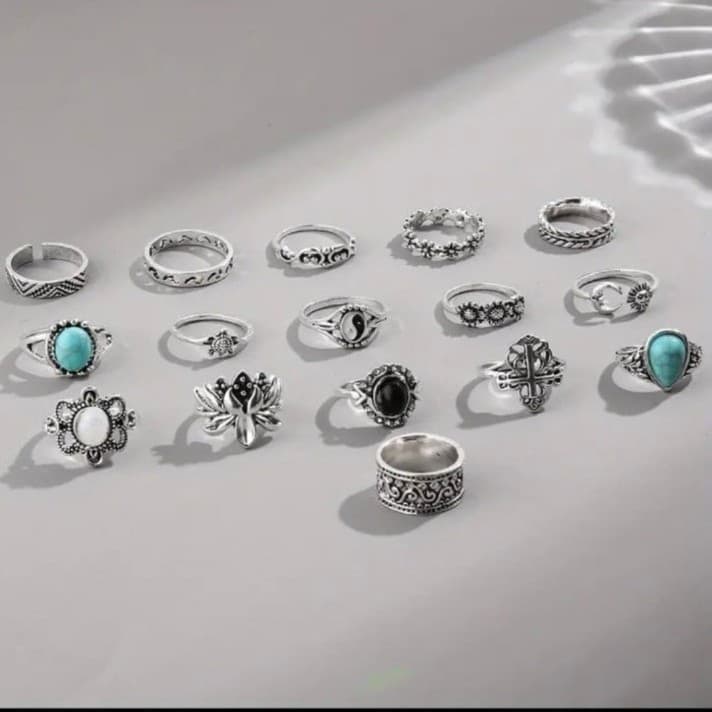 Silver Vintage-Inspired stackable Ring Collection 10 rings - Thumbnail 3