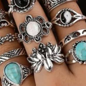 Silver Vintage-Inspired stackable Ring Collection 10 rings - Thumbnail 6