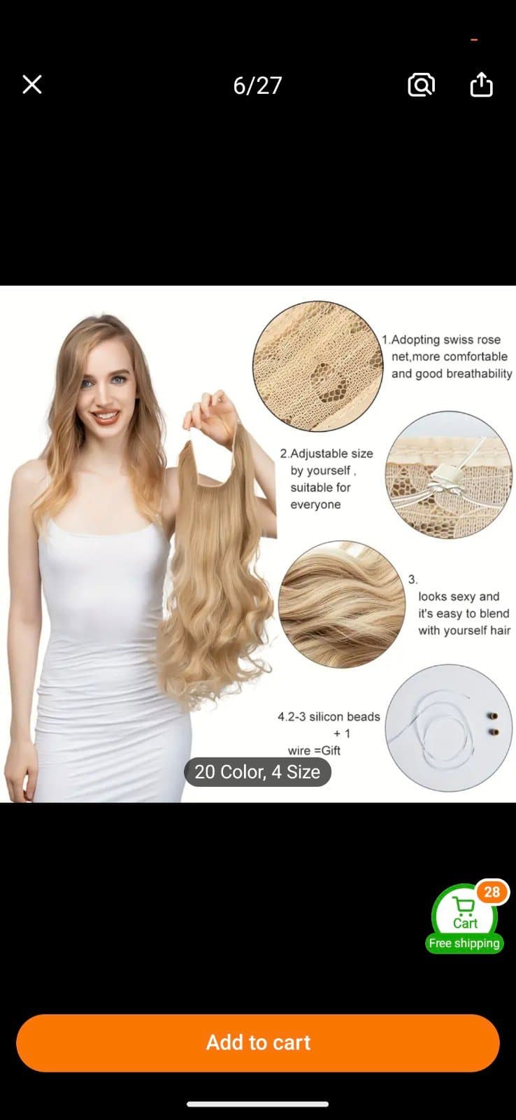 Long Wavy Curly Synthetic Hair Extensions - Invisible Wire, Adjustable Headband, - Thumbnail 12