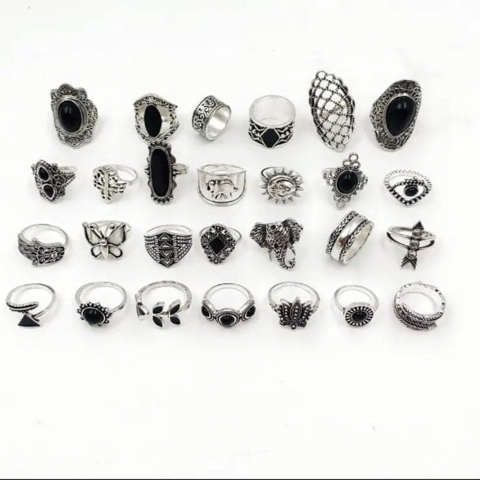 Silver and Black Gemstone stackable Rings with Intricate Designs 2 rings - Thumbnail 5