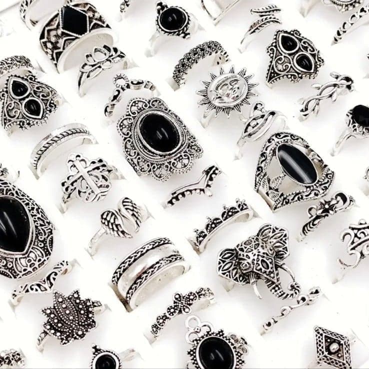Silver and Black Gemstone stackable Rings with Intricate Designs 2 rings - Image 1