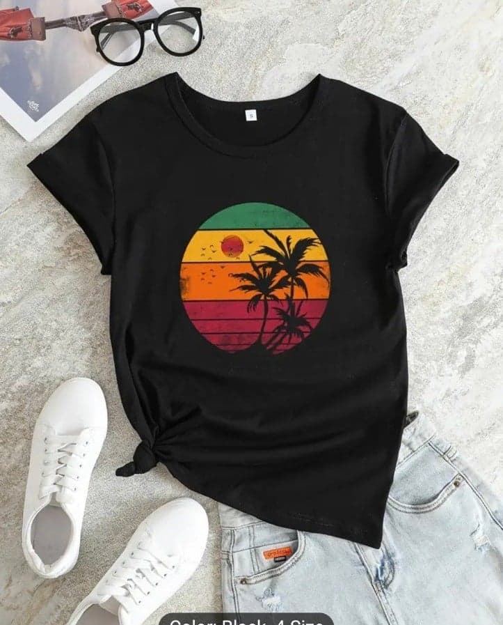 Graphic Print Crew Neck T-shirt, Casual Loose Short Sleeve Fashion tee shirt - Thumbnail 4