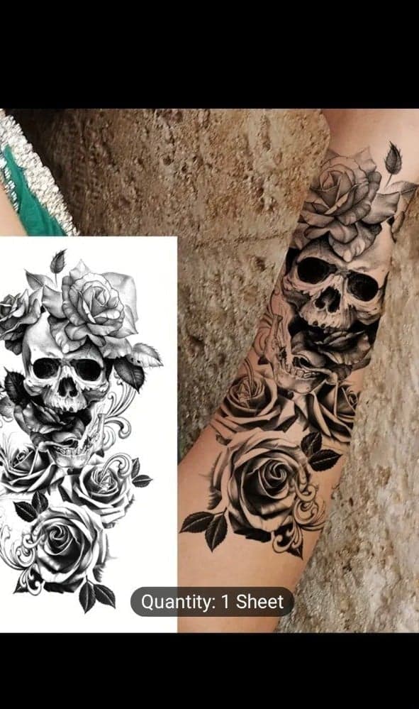 Black Skull and Roses Temporary Tattoo Sticker - Waterproof, Arm Art, Adult Body - Thumbnail 3