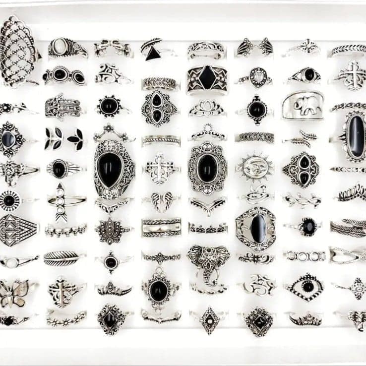 Silver and Black Gemstone stackable Rings with Intricate Designs 2 rings - Thumbnail 2