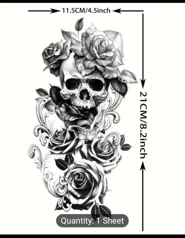 Black Skull and Roses Temporary Tattoo Sticker - Waterproof, Arm Art, Adult Body - Thumbnail 2
