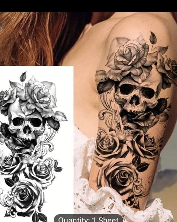 Black Skull and Roses Temporary Tattoo Sticker - Waterproof, Arm Art, Adult Body - Image 1