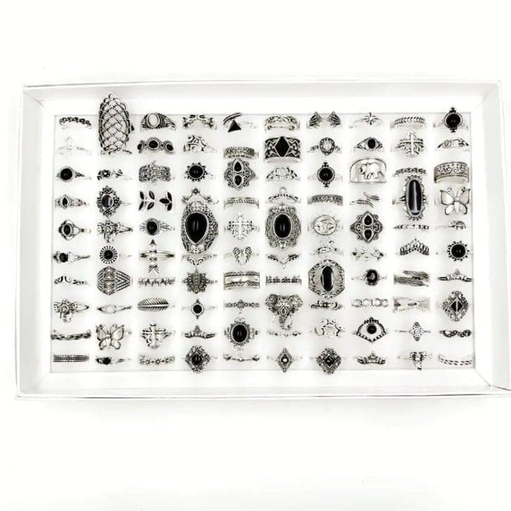 Silver and Black Gemstone stackable Rings with Intricate Designs 2 rings - Thumbnail 3