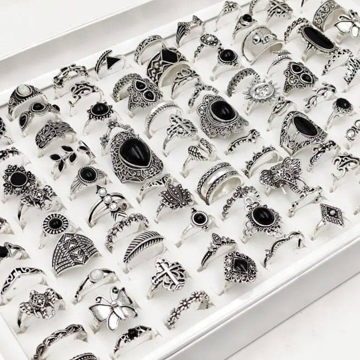 Silver and Black Gemstone stackable Rings with Intricate Designs 2 rings - Thumbnail 4