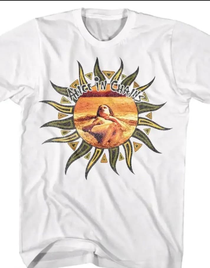Alice in Chains White and Orange Short Sleeve Tee with Tribal Sun Design S&XL - Image 1