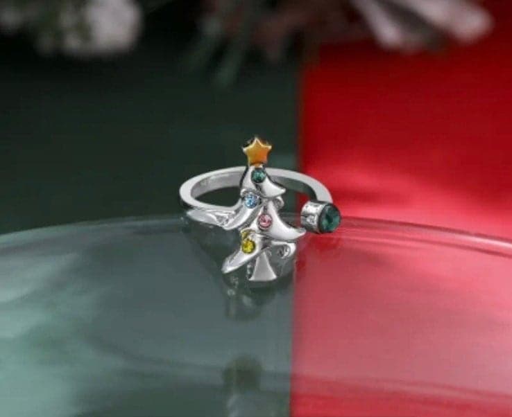 Bohemian Adjustable Star & Christmas Tree Ring with Synthetic Gemstones vintage