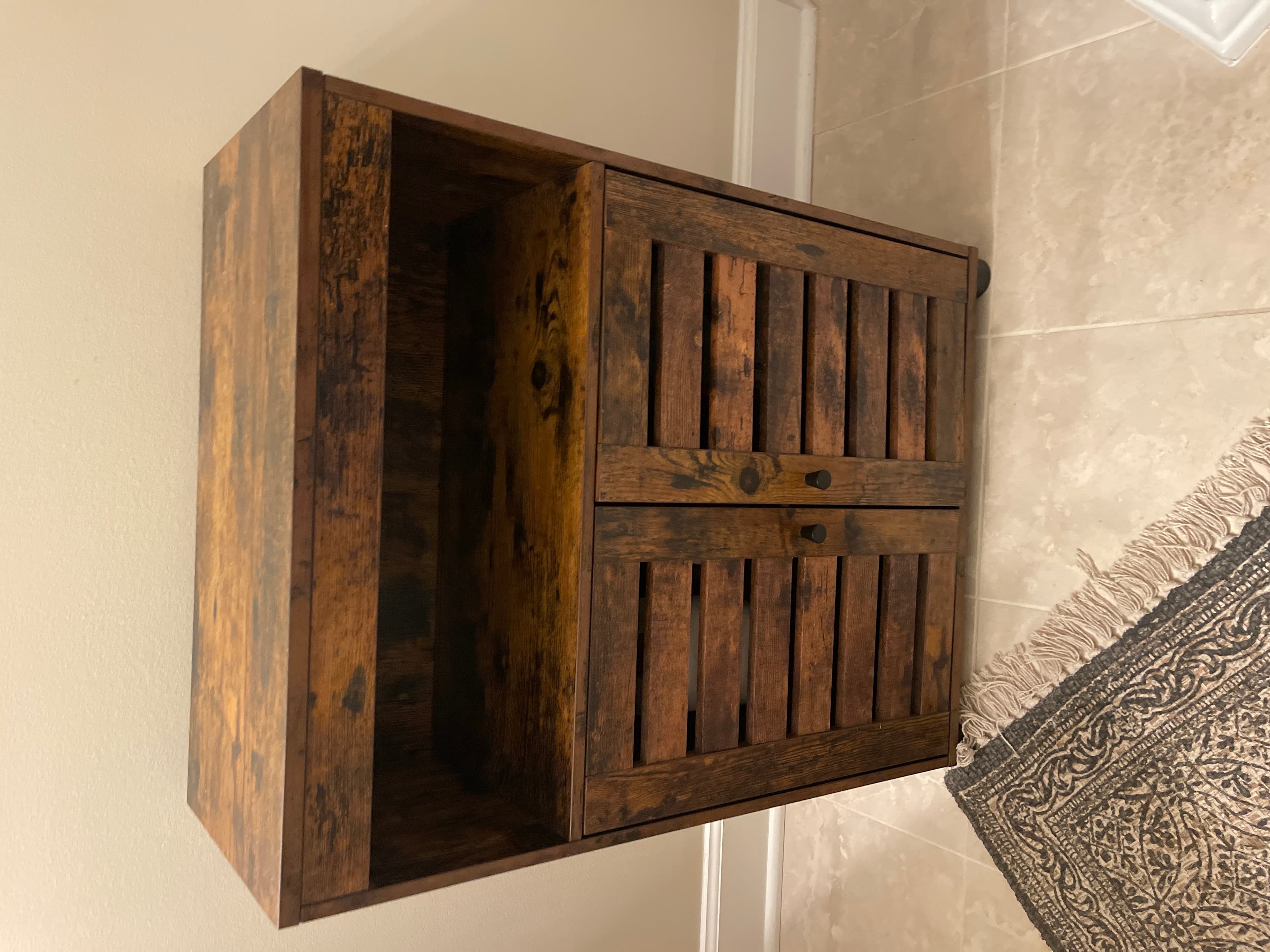 Rustic Wooden Nightstand with Slatted Doors - Image 1