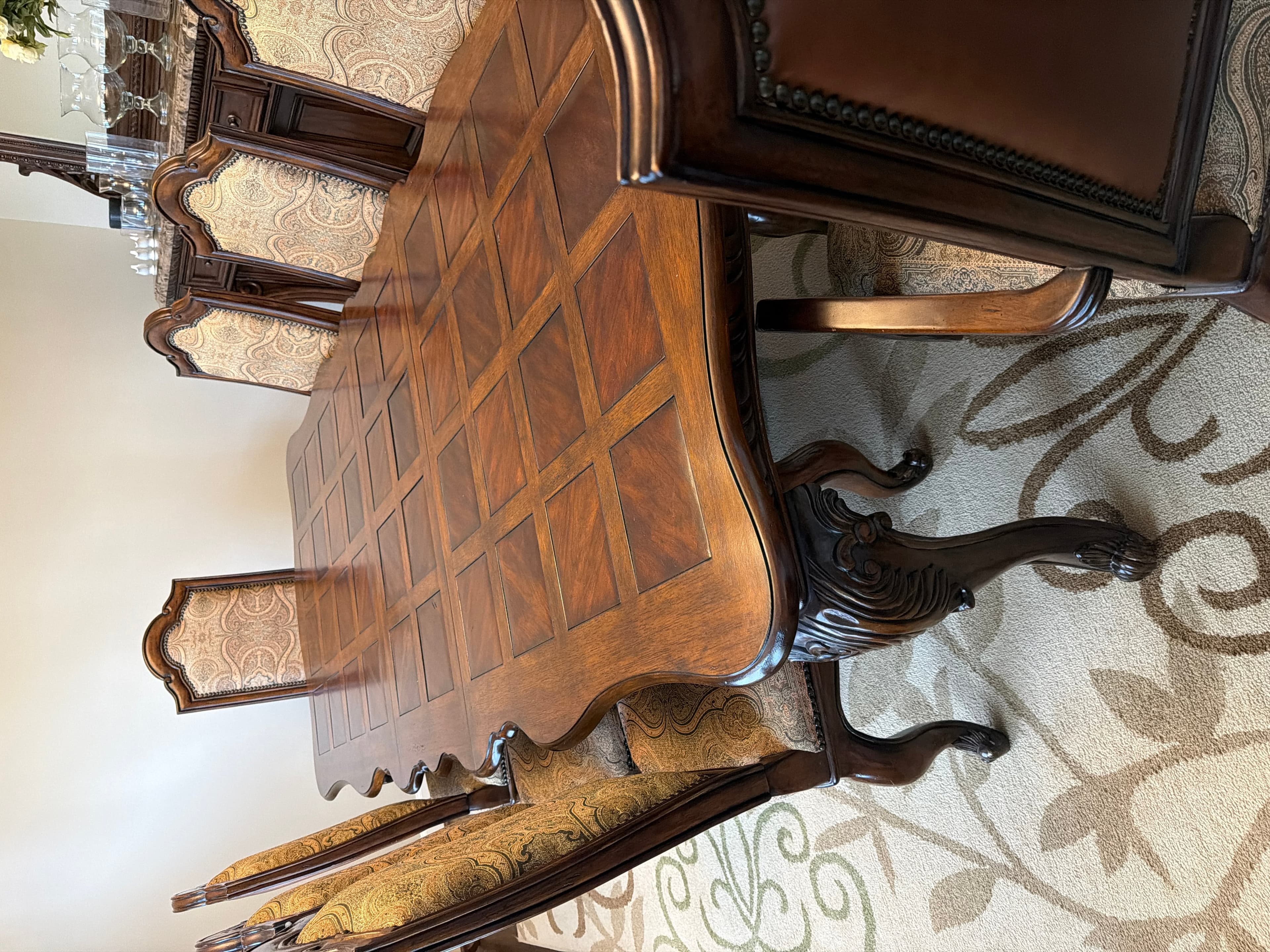 Vintage Mahogany Dining Table with Intricate Carvings and Checkerboard Top - Image 1