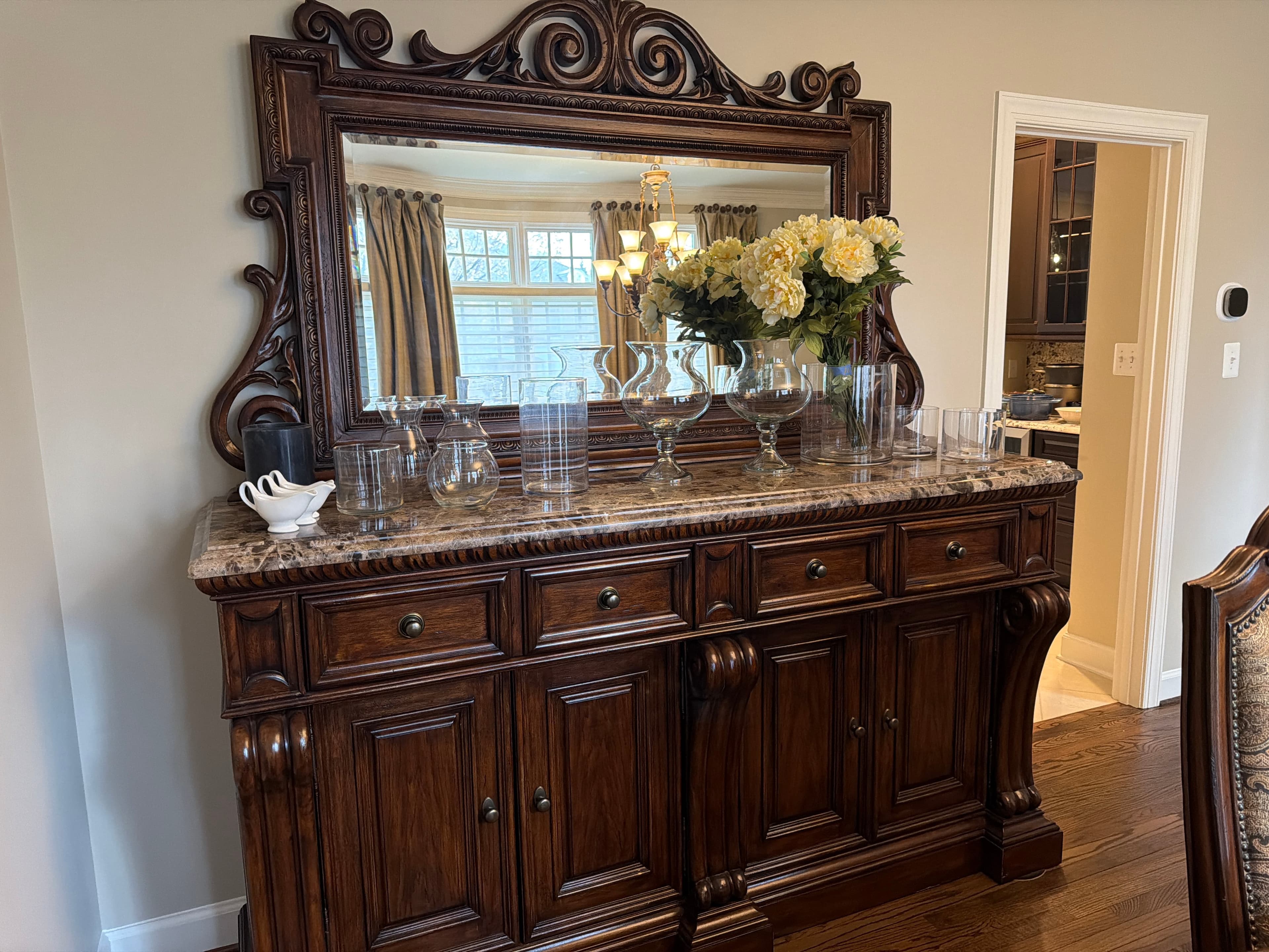 Vintage Ornate Wood Sideboard with Mirror and Marble Top - Image 1