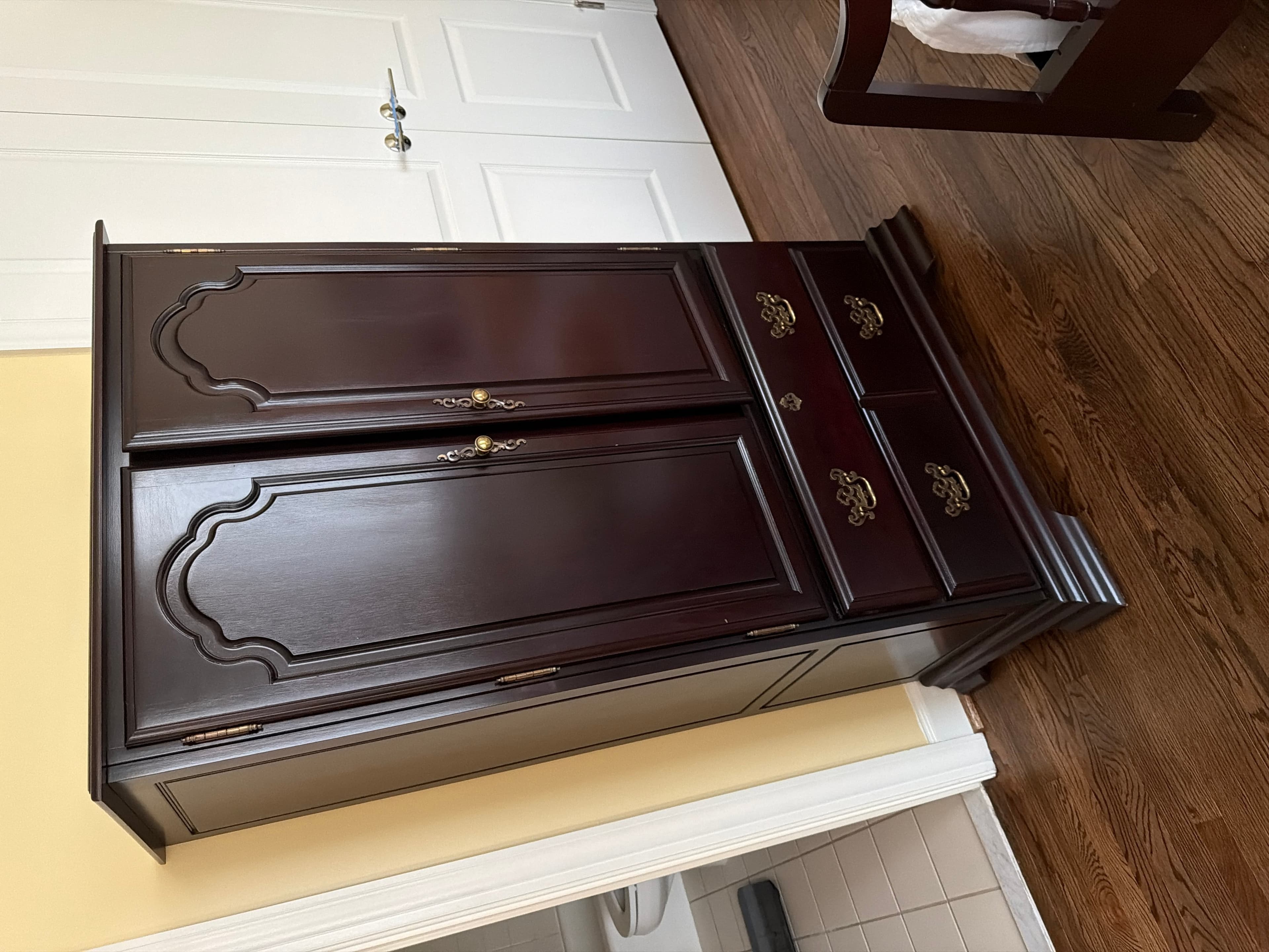 Vintage Cherry Wood Armoire with Drawers and Decorative Hardware - Image 1