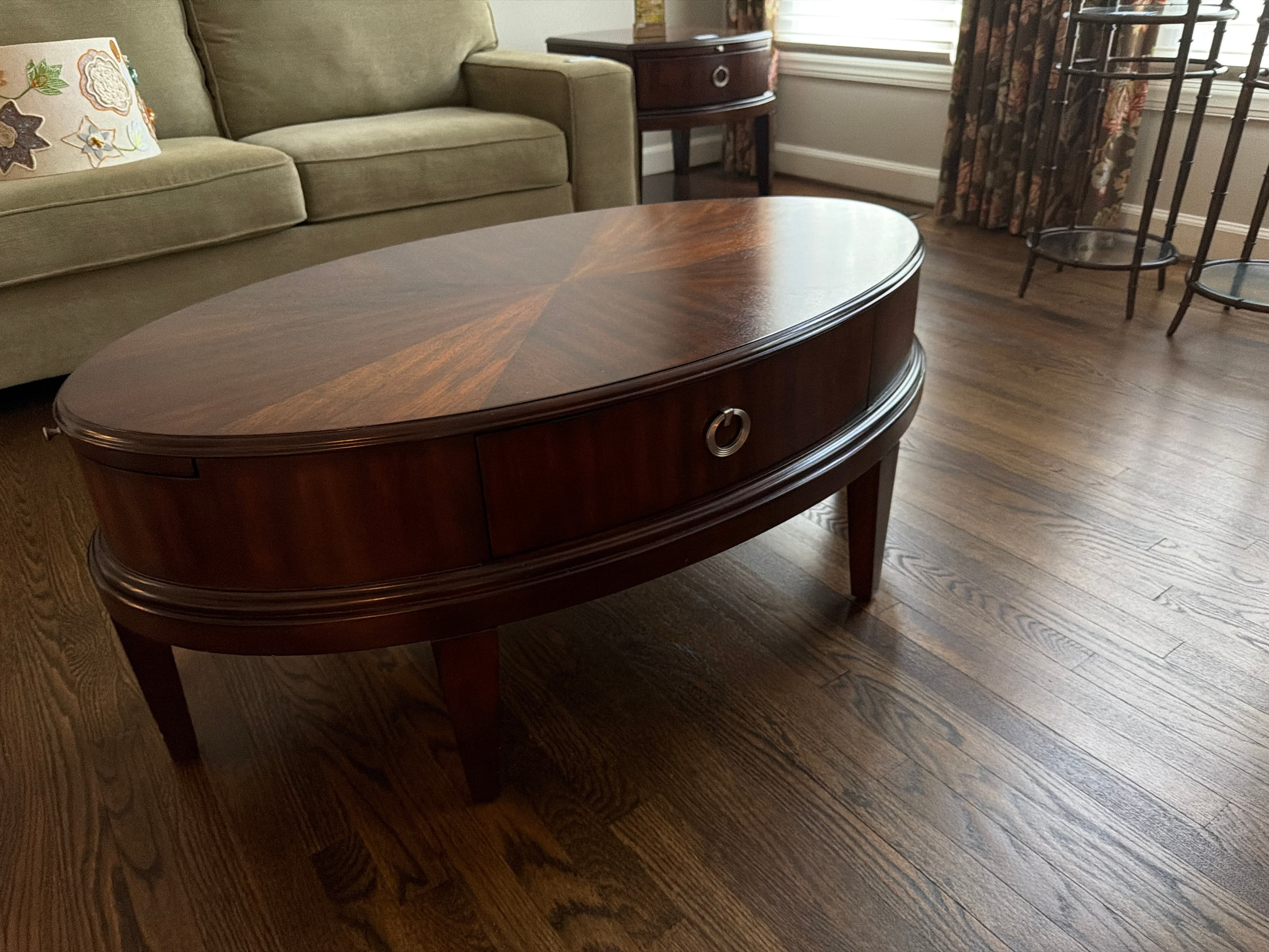 Oval Coffee Table with Drawer and Decorative Inlay - Image 1