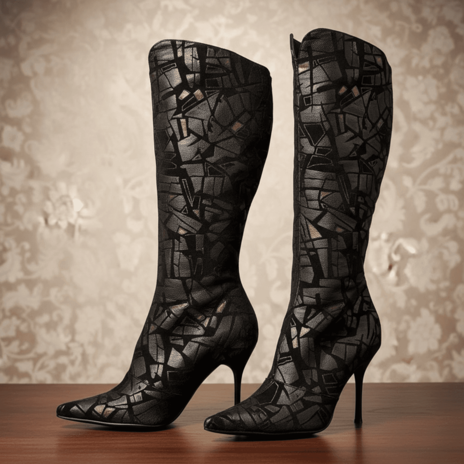 Vintage Black Stiletto Knee-High Boots with Geometric Pattern