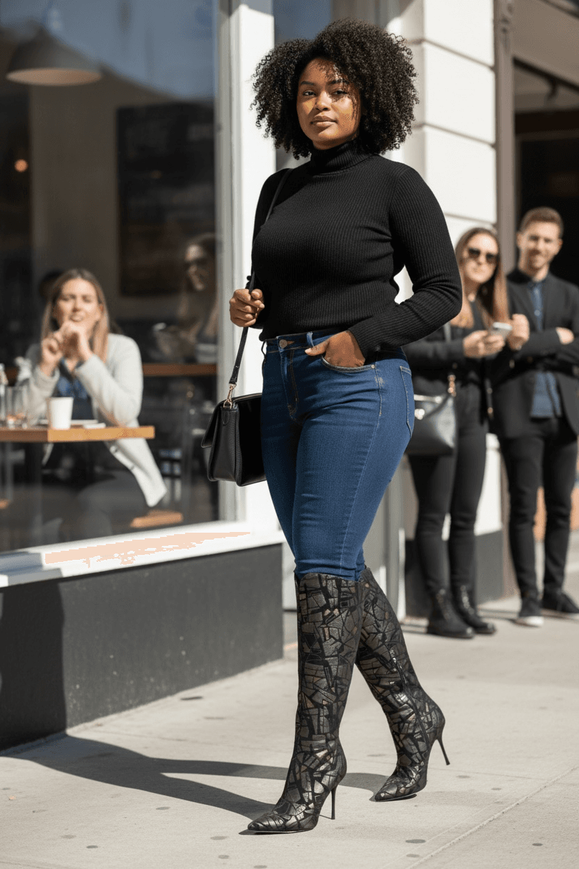 Vintage Black Stiletto Knee-High Boots with Geometric Pattern - Thumbnail 2