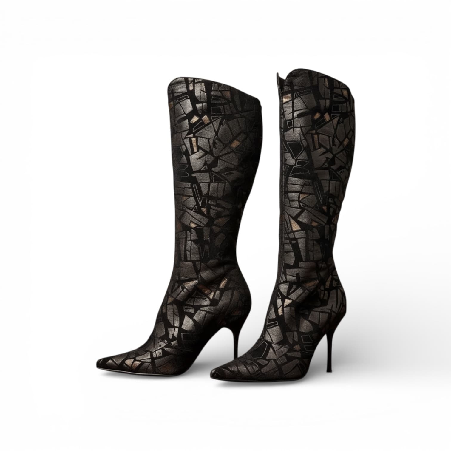 Vintage Black Stiletto Knee-High Boots with Geometric Pattern - Thumbnail 3