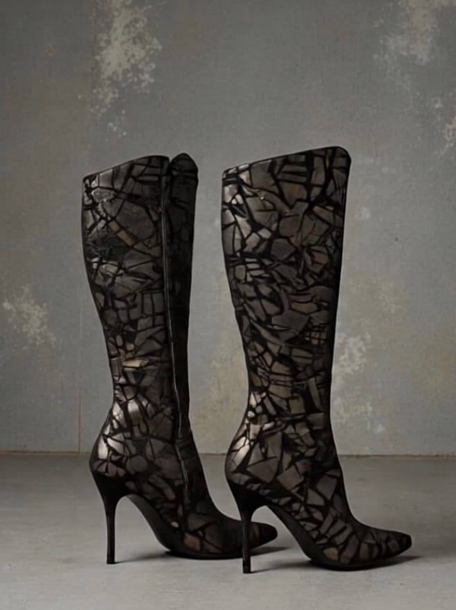 Vintage Black Stiletto Knee-High Boots with Geometric Pattern - Thumbnail 4