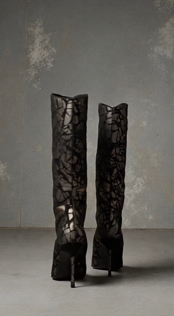 Vintage Black Stiletto Knee-High Boots with Geometric Pattern - Thumbnail 5