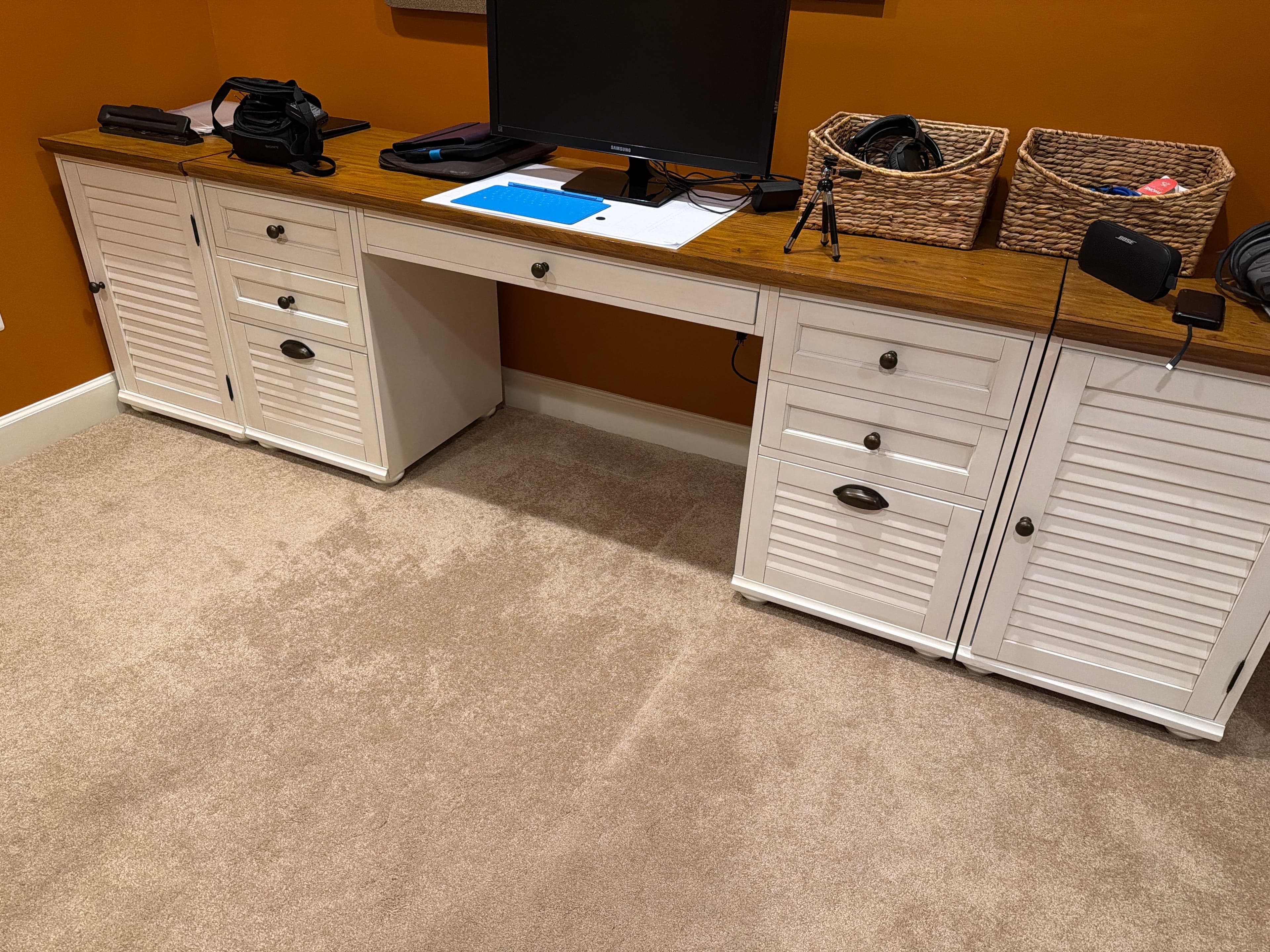 Coastal Style White Desk with Storage Cabinets and Wood Top - Image 1