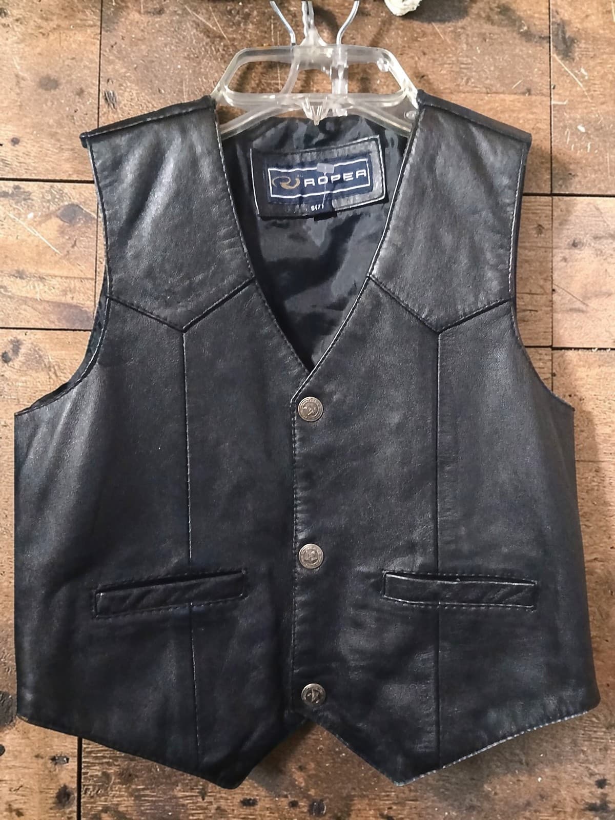 Roper Youth Size 7 Black Leather Western Vest Cowboy Rodeo Snap Front Lined