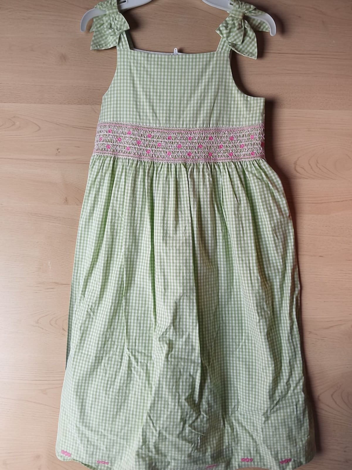 Gymboree Girls Size 12 Green White Gingham Smocked Dress Pink Tie Straps Cotton - Image 1