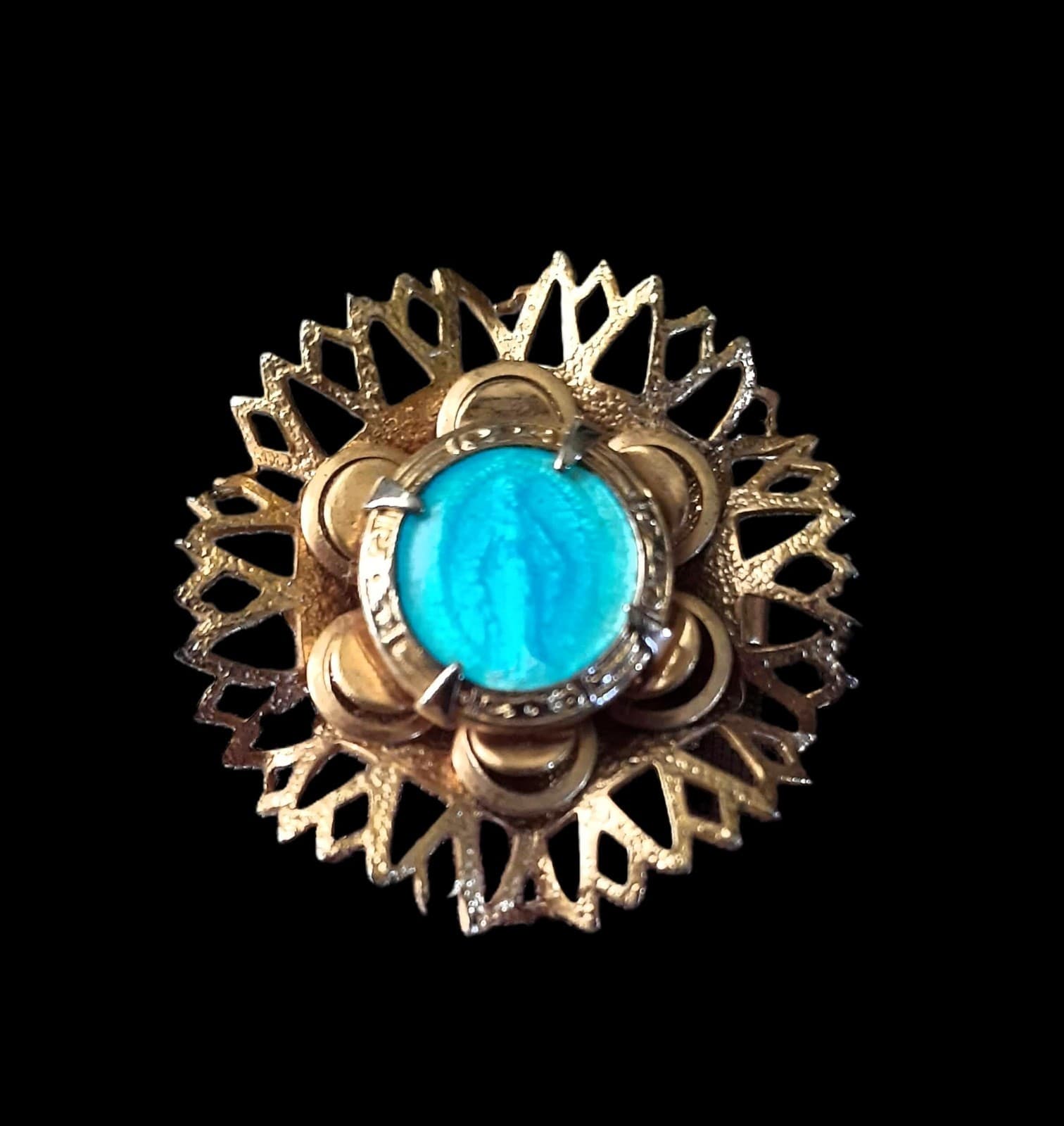 Vintage 1960s Gold Tone Sunburst Brooch Turquoise Blue Cabochon Mid Century - Image 1