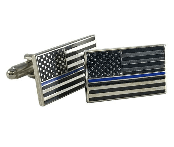 Thin Blue Line American Flag Silver Tone Law Enforcement Cufflinks - Image 1