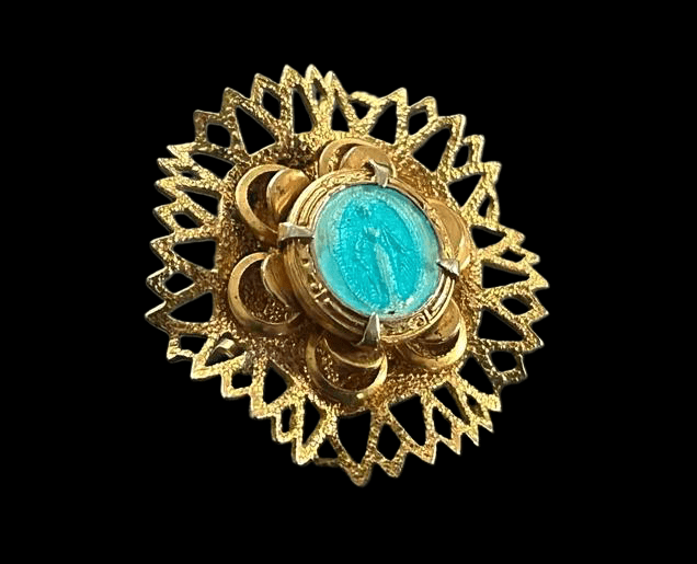 Vintage 1960s Gold Tone Sunburst Brooch Turquoise Blue Cabochon Mid Century - Thumbnail 3