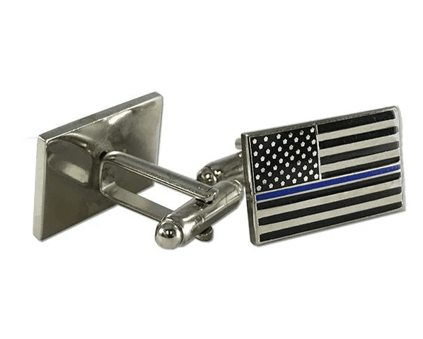 Thin Blue Line American Flag Silver Tone Law Enforcement Cufflinks - Thumbnail 2