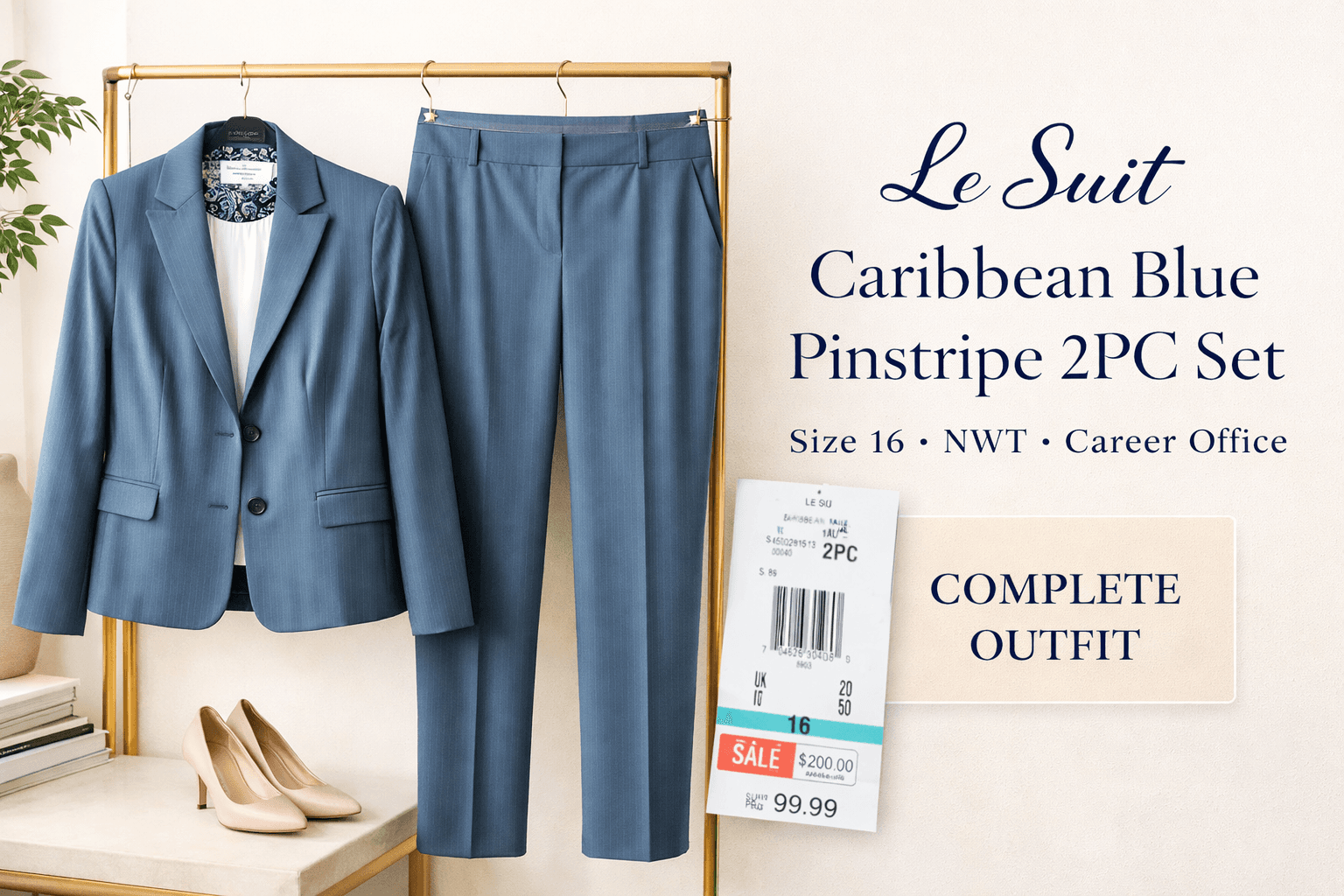 Le Suit Caribbean Blue Pinstripe 2PC Set Size16 Blazer Pants NWT Career Office - Image 1