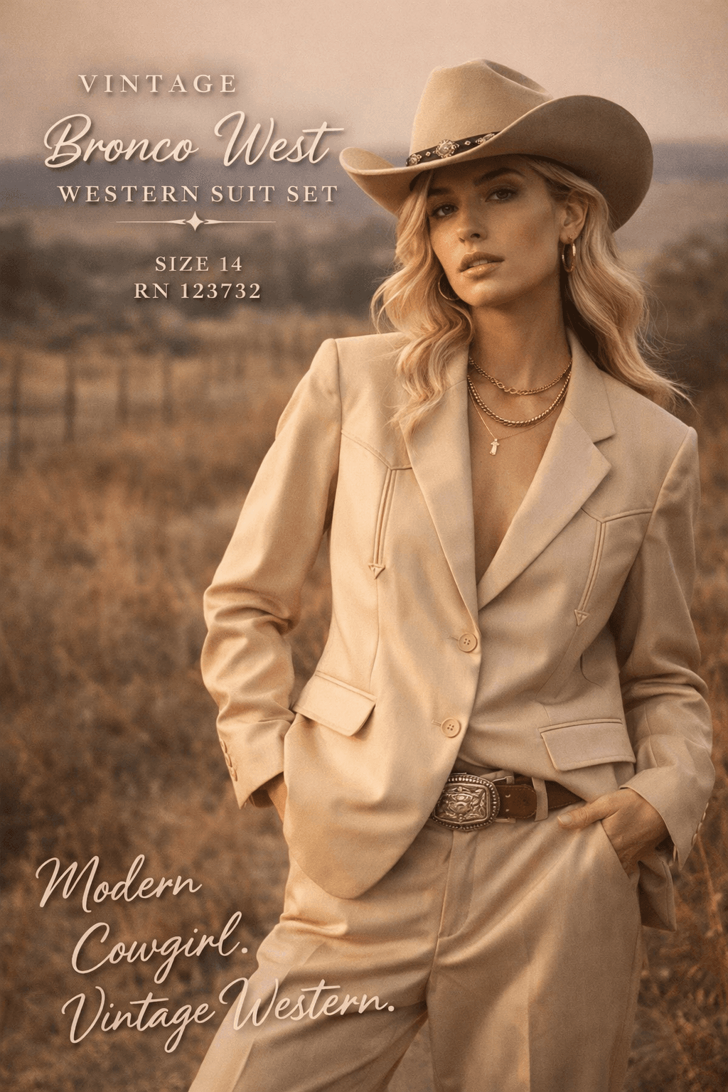 Vintage Western Suit Set Beige Size 14 Bronco West Cowgirl Rodeo 2Pc Blazer Pant - Thumbnail 3